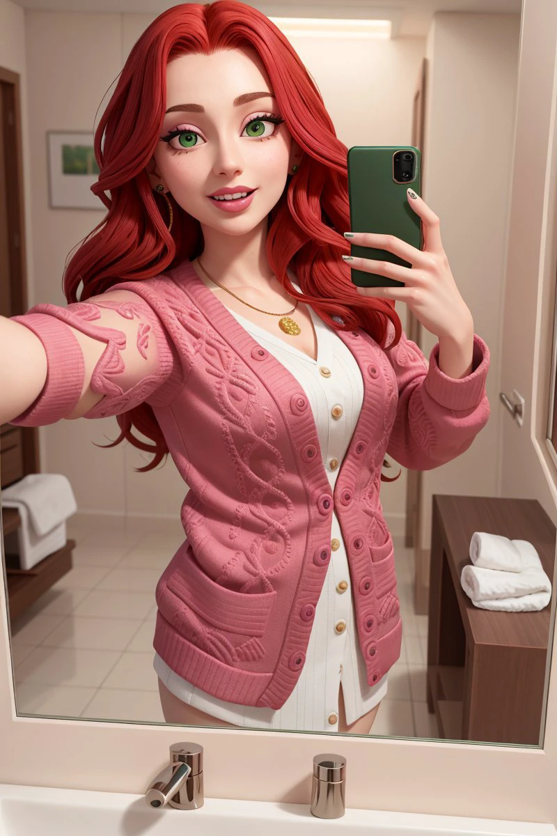 masterpiece, best quality, absurd res, ultra detailed, intricate detail, ultra detailed facial features, cute, adorable, 21 year old woman, long wavy shimmery shiny red hair, (wearing a green cardigan sweater), sparkling starburst green eyes, eyeshadow, mascara, sleepy, alluring, attractive, plush lips, pink lipstick, smile, detailed straight white teeth, detailed tongue, tongue out, detailed skin texture, skin pores, (indoors, in a bathroom, ultra detailed background), shiny skin, selfie,