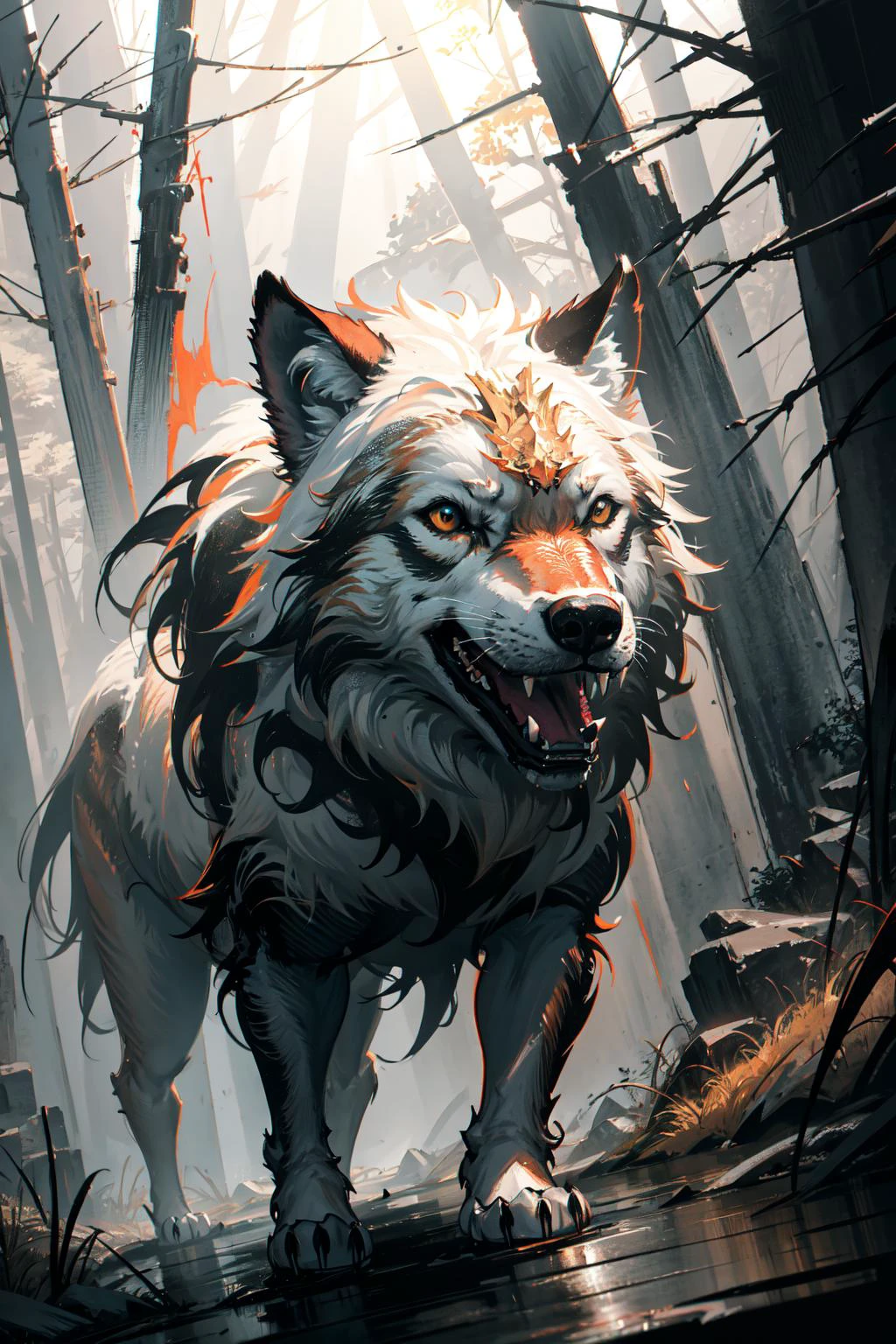 (best art, :1.1),
good detailed, (glowing background),
best quality, wide-angle Hyperdetailed, masterpiece, 8k, natural lighting, soft lighting, sunlight, HDR (High Dynamic Range), Maximum Clarity And Sharpness, Multi-Layered Textures,
<lora:RPGDireWolf:0.8> dire wolf