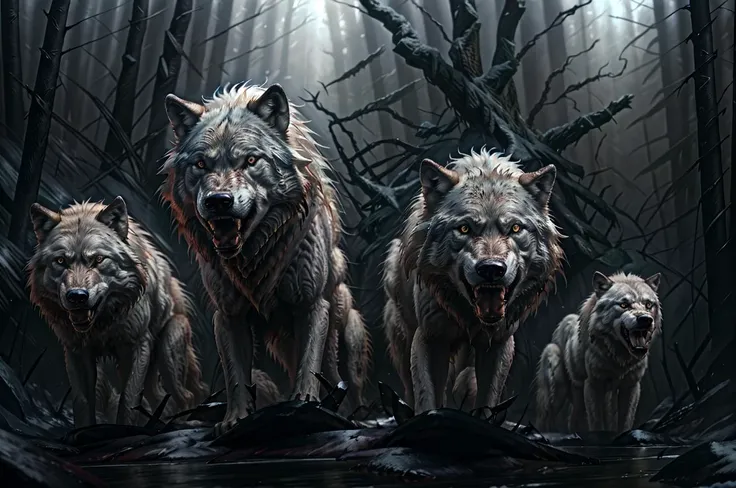 <lora:RPGDireWolf:1>, dire wolf, ((white wolf)), multiple wolves, fangs, in an ancient forest, <lora:AllOldRPGArtS1_1990s_V1.01_LoRA:0.4> alloldrpgarts1 <lora:PBOldRifRPGStyle-V1.0-st_LoRa:0.4> RpgRiftingInThe90s,