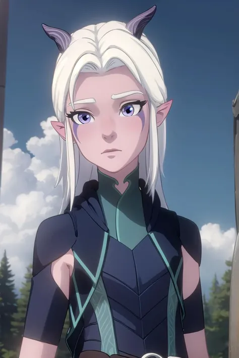 rayla, <lyco:raylav2-lyco-nochekaiser:1>,
long hair, white hair, horns, pointy ears, (purple eyes:1.1),
BREAK boots, belt, bodysuit,
BREAK outdoors, nature, forest, cloud, sky, sun, day,
BREAK looking at viewer, (cowboy shot:1.5),
BREAK <lyco:GoodHands-beta2:1>, (masterpiece:1.2), best quality, high resolution, unity 8k wallpaper, (illustration:0.8), (beautiful detailed eyes:1.6), extremely detailed face, perfect lighting, extremely detailed CG, (perfect hands, perfect anatomy),
