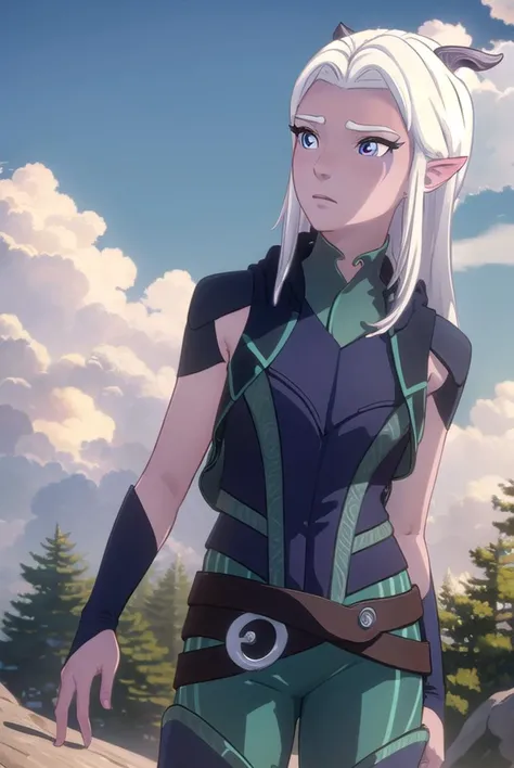 rayla, <lyco:raylav2-lyco-nochekaiser:1>,
long hair, white hair, horns, pointy ears, (purple eyes:1.1),
BREAK boots, belt, bodysuit,
BREAK outdoors, nature, forest, cloud, sky, sun, day,
BREAK looking at viewer, (cowboy shot:1.5),
BREAK <lyco:GoodHands-beta2:1>, (masterpiece:1.2), best quality, high resolution, unity 8k wallpaper, (illustration:0.8), (beautiful detailed eyes:1.6), extremely detailed face, perfect lighting, extremely detailed CG, (perfect hands, perfect anatomy),