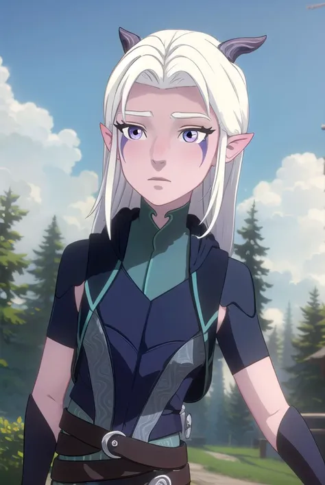 rayla, <lyco:raylav2-lyco-nochekaiser:1>,
long hair, white hair, horns, pointy ears, (purple eyes:1.1),
BREAK boots, belt, bodysuit,
BREAK outdoors, nature, forest, cloud, sky, sun, day,
BREAK looking at viewer, (cowboy shot:1.5),
BREAK <lyco:GoodHands-beta2:1>, (masterpiece:1.2), best quality, high resolution, unity 8k wallpaper, (illustration:0.8), (beautiful detailed eyes:1.6), extremely detailed face, perfect lighting, extremely detailed CG, (perfect hands, perfect anatomy),
