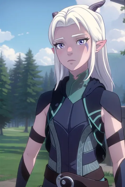 rayla, <lyco:raylav2-lyco-nochekaiser:1>,
long hair, white hair, horns, pointy ears, (purple eyes:1.1),
BREAK boots, belt, bodysuit,
BREAK outdoors, nature, forest, cloud, sky, sun, day,
BREAK looking at viewer, (cowboy shot:1.5),
BREAK <lyco:GoodHands-beta2:1>, (masterpiece:1.2), best quality, high resolution, unity 8k wallpaper, (illustration:0.8), (beautiful detailed eyes:1.6), extremely detailed face, perfect lighting, extremely detailed CG, (perfect hands, perfect anatomy),