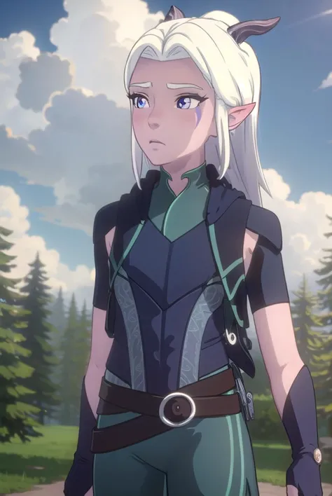 rayla, <lyco:raylav2-lyco-nochekaiser:1>,
long hair, white hair, horns, pointy ears, (purple eyes:1.1),
BREAK boots, belt, bodysuit,
BREAK outdoors, nature, forest, cloud, sky, sun, day,
BREAK looking at viewer, (cowboy shot:1.5),
BREAK <lyco:GoodHands-beta2:1>, (masterpiece:1.2), best quality, high resolution, unity 8k wallpaper, (illustration:0.8), (beautiful detailed eyes:1.6), extremely detailed face, perfect lighting, extremely detailed CG, (perfect hands, perfect anatomy),