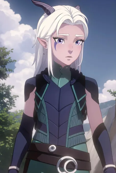 rayla, <lyco:raylav2-lyco-nochekaiser:1>,
long hair, white hair, horns, pointy ears, (purple eyes:1.1),
BREAK boots, belt, bodysuit,
BREAK outdoors, nature, forest, cloud, sky, sun, day,
BREAK looking at viewer, (cowboy shot:1.5),
BREAK <lyco:GoodHands-beta2:1>, (masterpiece:1.2), best quality, high resolution, unity 8k wallpaper, (illustration:0.8), (beautiful detailed eyes:1.6), extremely detailed face, perfect lighting, extremely detailed CG, (perfect hands, perfect anatomy),