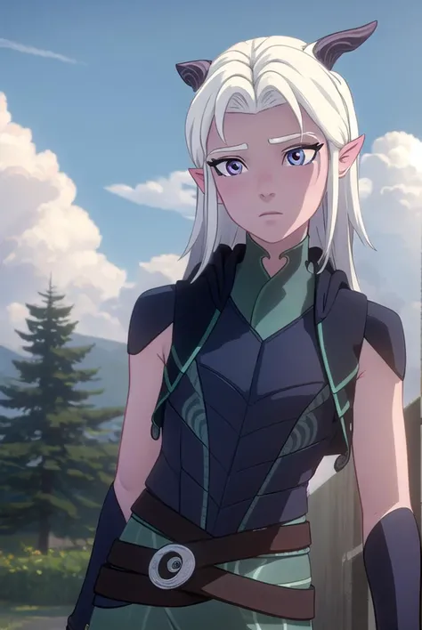 rayla, <lyco:raylav2-lyco-nochekaiser:1>,
long hair, white hair, horns, pointy ears, (purple eyes:1.1),
BREAK boots, belt, bodysuit,
BREAK outdoors, nature, forest, cloud, sky, sun, day,
BREAK looking at viewer, (cowboy shot:1.5),
BREAK <lyco:GoodHands-beta2:1>, (masterpiece:1.2), best quality, high resolution, unity 8k wallpaper, (illustration:0.8), (beautiful detailed eyes:1.6), extremely detailed face, perfect lighting, extremely detailed CG, (perfect hands, perfect anatomy),