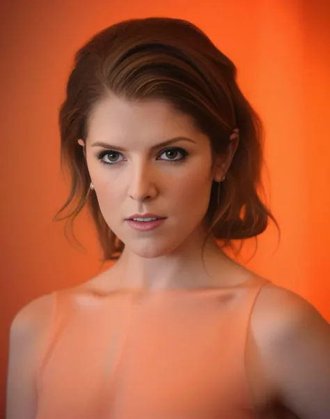 AnnaKendrick, art by Pietro da Cortona, photograph, Saturated slender Female, Brown hair styled as High fade, Bokeh, Ethereal Lighting, film grain, Canon R5, F/8, DayGlo orange background, <lora:AnnaKendrickSDXL:1>