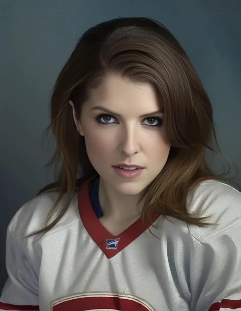 AnnaKendrick, (art by Michael Eastman:0.7) , portrait,close up of a Dire Festive Female, Playing Icehockey, captivating pose, Universal Navel, F/5, <lora:AnnaKendrickSDXL:1>