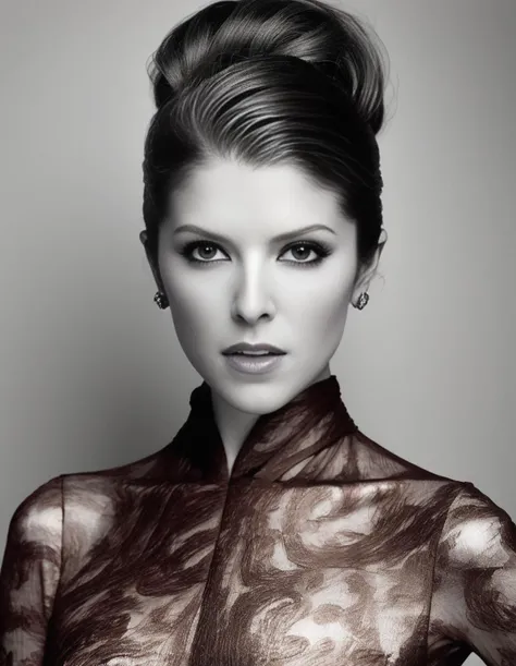 AnnaKendrick, art by Irving Penn, portrait,close up of a Conceptual Female, Fluid movement, Oriental hairstyle, Ultra Real, Amusing, Light caustics, wallpaper, <lora:AnnaKendrickSDXL:1>