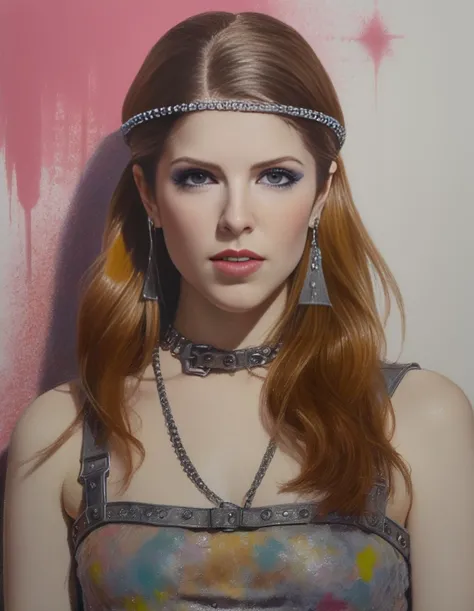AnnaKendrick, (art by Roy DeCarava:0.8) , portrait, surreal,close up of a Macho Female, Writing articles, Spellbinding Circlet, Disco Era Harness, Ultra Real, Happy, Aetherpunk, DayGlo and Brown hue, Paint splotches, caustics, <lora:AnnaKendrickSDXL:1>