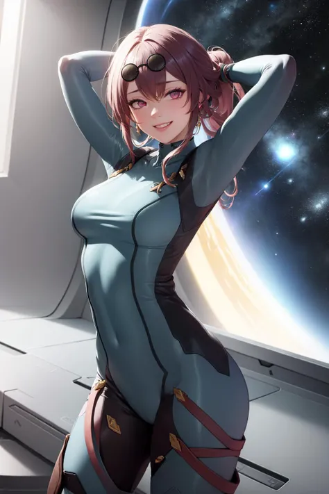 (masterpiece, best quality:1.2), <lyco:hsr_kafka-10:0.8>, <lora:zerosuit-nvwls-v1:1>, cowboy shot, solo, 1girl, kafka, grin, looking at viewer, arms behind head, sunglasses, eyewear on head, zero suit, outer space
