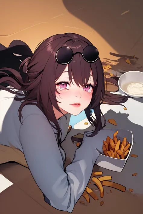 (masterpiece, best quality:1.2), <lyco:hsr_kafka-10:0.8>, <lyco:ApuSpillsHisTendiesMeme:1.0>, solo, 1girl, kafka, apumeme, lying, tears, on stomach, food, spill, crying, shadow, tearing up, on floor, sunglasses, eyewear on head, white shirt, cup, french fries