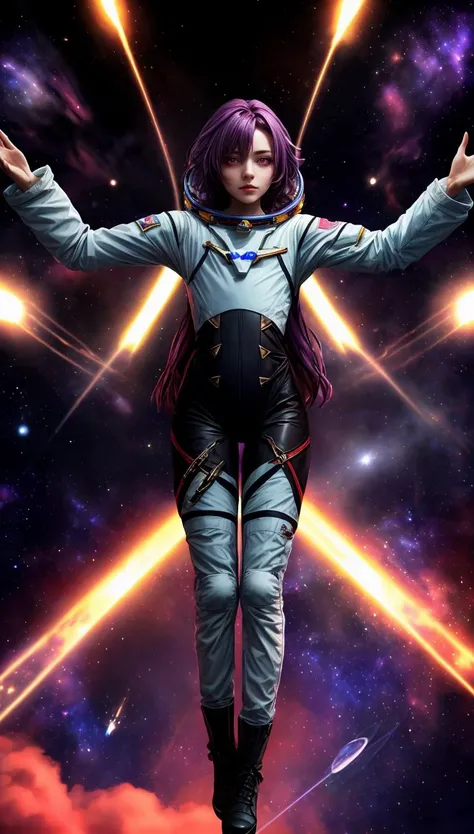 <lora:GoodHands-beta2:1> nice hands, perfect hands,  <lora:add_detail:1>, ((masterpiece)), (best quality:1.7),  <lora:hsr_kafka:0.7> Kafka, purple hair, red eyes, (((background is space with stars, T pose, cosmonaut))) full body shot