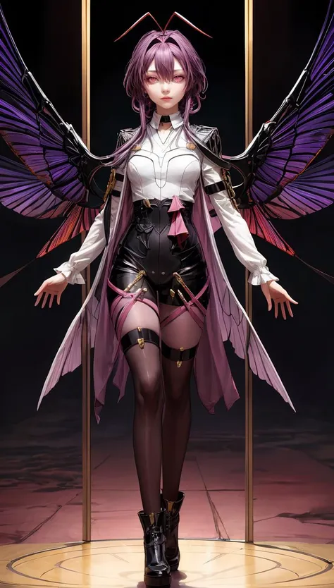 <lora:GoodHands-beta2:1> nice hands, perfect hands, <lora:add_detail:1>, ((masterpiece)), (best quality:1.7), <lora:hsr_kafka:0.8> kafka, purple hair, red eyes, ((4 scarab wings, scarab antenna, scarab shell)), full body shot, scarab skin