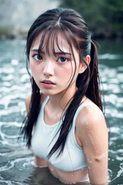 symmetrical,High detail RAW color photo professional close photograph,
[:(highly detail face: 1.2):0.1], (PureErosFace_V1:0.8), twintails, half body, pore, real human skin,

a portrait of a 18yo woman bathing in a river,body contact water and ripple around,
reeds,clear and clean water,
shiny eyes,looking at viewer,
wearing tight sports top, wet clothes, see-through clothes, nipples, wet body, wet hair,

tindal effect,lens flare,shade, bloom,
backlighting, depth of field, natural lighting, hard focus, film grain, photographed with a Sony a9 II Mirrorless Camera, by Laurence Demaison