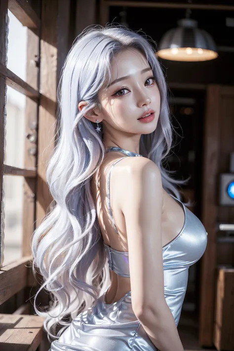 <lora:koreandolllikeness_V10:0.2>,best quality, blue long hair, ultra high res, (photorealistic:1.4), 1girl,silver dress,white teeth, slightly open mouth, warm tone cinema light, (slightly turned around body:1.4) PureErosFace_V1, white tit, cowgirl,heavy eye makeup, erotic pose