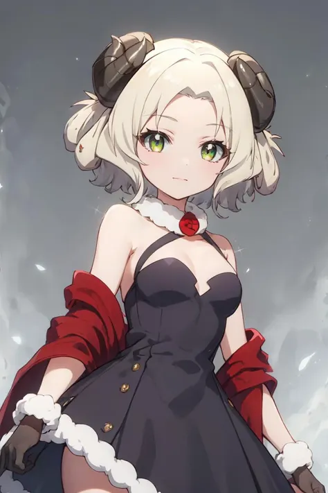 masterpiece, best quality, ultra-detailed, glistening shiny, glowing light, ray tracing, HDR, deph of field, (perfect face, detailed face), <lora:ProvatPecoraAllieres:0.8>, provatpecora, curled horns, short hair, fur choker, black dress, black gloves, red shawl, standing, cowboy shot