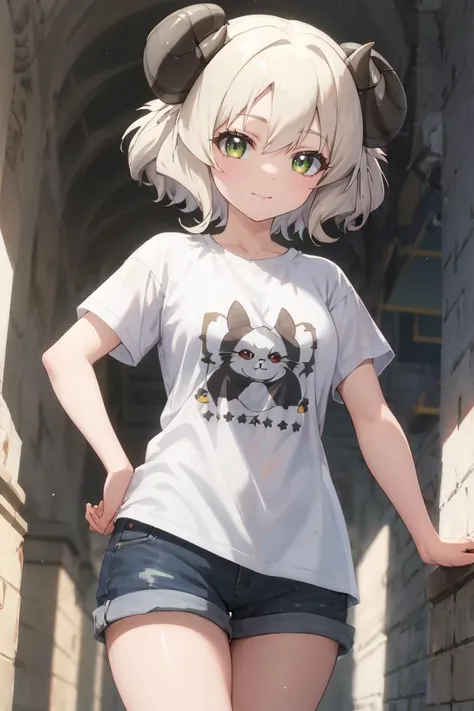 masterpiece, best quality, ultra-detailed, glistening shiny, glowing light, ray tracing, HDR, deph of field, (perfect face, detailed face), <lora:ProvatPecoraAllieres:0.8>, provatpecora, curled horns, short hair, t-shirt, bare legs, walking