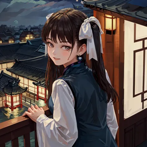 (best quality,masterpiece:1.2),HDR,UHD,8K,
from above, from behind,
YAOZHI14, 1girl,solo,
long hair, twintails, two side up,
hair bow, hair ribbon,
china dress, chinese clothes,
long sleeves, wide sleeves,
white sleeves,
bead earrings,
mole under eye,
bead bracelet,
cowboy shot,
upper body, 
smile, 
parted lips, 
summer,
(outdoors:1.4),
(night:1.5),
water,
ink,
east asian architecture,
looing back,
looking at viewer,