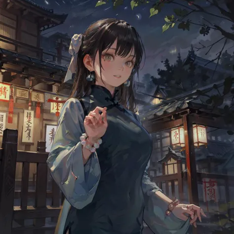 (best quality,masterpiece:1.2),HDR,UHD,8K,
from below, front view,
YAOZHI14, 1girl,solo,
hair bow, hair ribbon,
china dress, chinese clothes,
long sleeves, wide sleeves,
white sleeves,
bead earrings,
mole under eye,
bead bracelet,
hand up,
v,
cowboy shot,
upper body, 
smile, 
parted lips, 
summer,
(outdoors:1.4),
(night:1.5),
water,
ink,
east asian architecture,