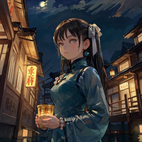 (best quality,masterpiece:1.2),HDR,UHD,8K,
from below, from side,
YAOZHI14, 1girl,solo,
long hair, twintails, two side up,
hair bow, hair ribbon,
white bow,white ribbon,
china dress, chinese clothes,
long sleeves, wide sleeves,
white sleeves,
bead earrings,
mole under eye,
bead bracelet,
cowboy shot,
upper body,
summer,
(outdoors:1.4),
(night:1.5),
water,
east asian architecture,
looking to the side,
looking away,