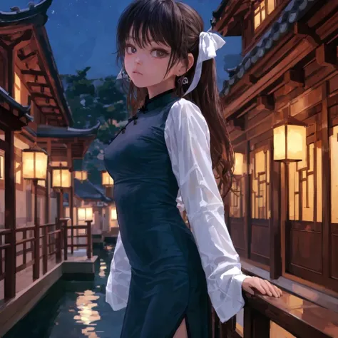 (best quality,masterpiece:1.2),HDR,UHD,8K,
front view,
YAOZHI14, 1girl,solo,hair bow, hair ribbon,twintails, china dress, chinese clothes,long sleeves, wide sleeves,white sleeves,bead earrings,mole under eye,bead bracelet,
standing,
hand up,
holding,
talisman,
yin yang,
white legwear,
cowboy shot,
upper body,
(outdoors:1.4),
(night:1.5),
water,
east asian architecture,