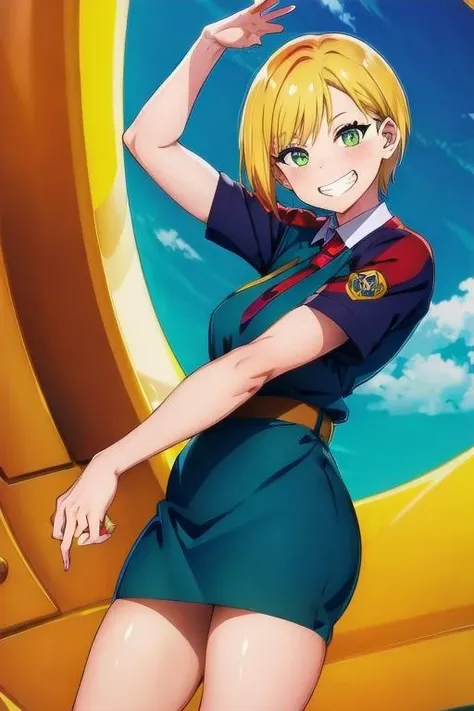 <lora:2023Vbusguide:1.2>,busguide,yellow hair,pose,short hair,grin,