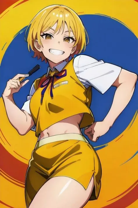 <lora:2023Vbusguide:1.2>,busguide,yellow hair,pose,short hair,grin,brown eyes,