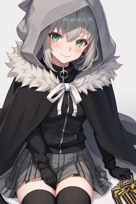 best quality, masterpiece, highres, solo, {gray_fgo:1.15}, bangs, grey_hair, green_eyes, short_hair, hair_between_eyes, cloak, cape, blush, closed_mouth, 1girl, fur_trim, hood, hood_up, looking_at_viewer, simple_background, white_background, portrait