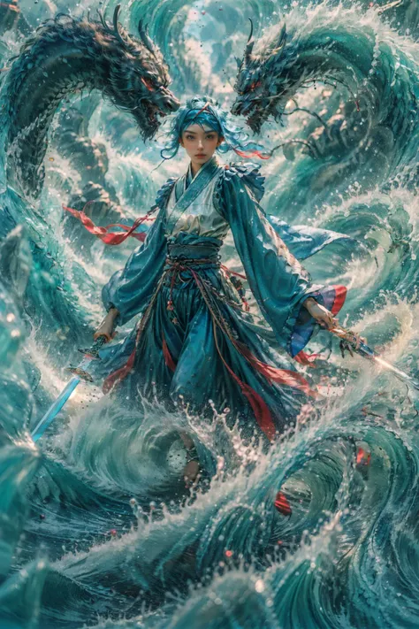 Best quality,masterpiece,ultra highres,shallow depth of field,close-up,1girl,wide sleeves,wide skirt,(sword:1.3),long hair,blue hair,(red hairband:1.3),
<lora:yushuiV2:0.7>,yushui,water,waves,<lora:loong2:0.8>,loong,<lora:FenW:0.5>,<lora:more_details:0.5>,nvshen,glass,broken glass,sunlight,glass,broken glass,sunlight,<lora:jiguangV1_glass:0.3>,