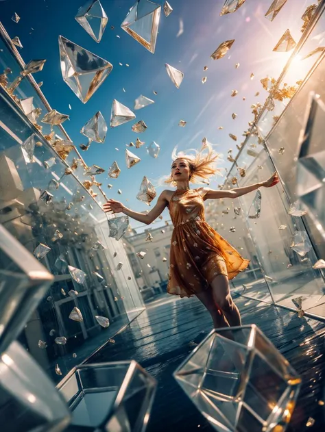 masterpiece, best quality, highly detailed, Liuligong Palace, 1girl, floating, surprised, <lora:ä¹ç« äºé¨æ²-å° Five movements - IceV1:0.8> nvshen, glass,broken glass,sunlight,,glass,broken glass,sunlight