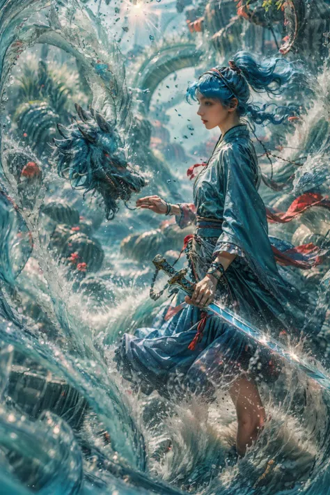 Best quality,masterpiece,ultra highres,shallow depth of field,close-up,1girl,wide sleeves,wide skirt,(sword:1.1),long hair,blue hair,(red hairband:1.1),
<lora:yushuiV2:0.7>,yushui,water,waves,<lora:loong2:0.8>,loong,<lora:FenW:0.5>,<lora:more_details:0.5>,nvshen,glass,broken glass,sunlight,glass,broken glass,sunlight,<lora:jiguangV1_glass:0.3>,