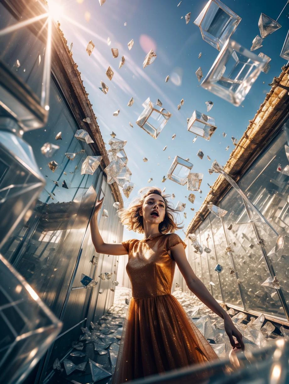 masterpiece, best quality, highly detailed, Liuligong Palace, 1girl,  floating, surprised, <lora:ä¹ç« äºé¨æ²-å° Five movements - IceV1:0.8> nvshen, glass,broken glass,sunlight,,glass,broken glass,sunlight