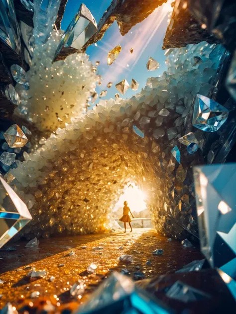 masterpiece, best quality, highly detailed, (colorful crystal cave:1.1), 1girl, floating, slight smile, <lora:ä¹ç« äºé¨æ²-å° Five movements - IceV2:0.8> nvshen, glass,broken glass,sunlight,