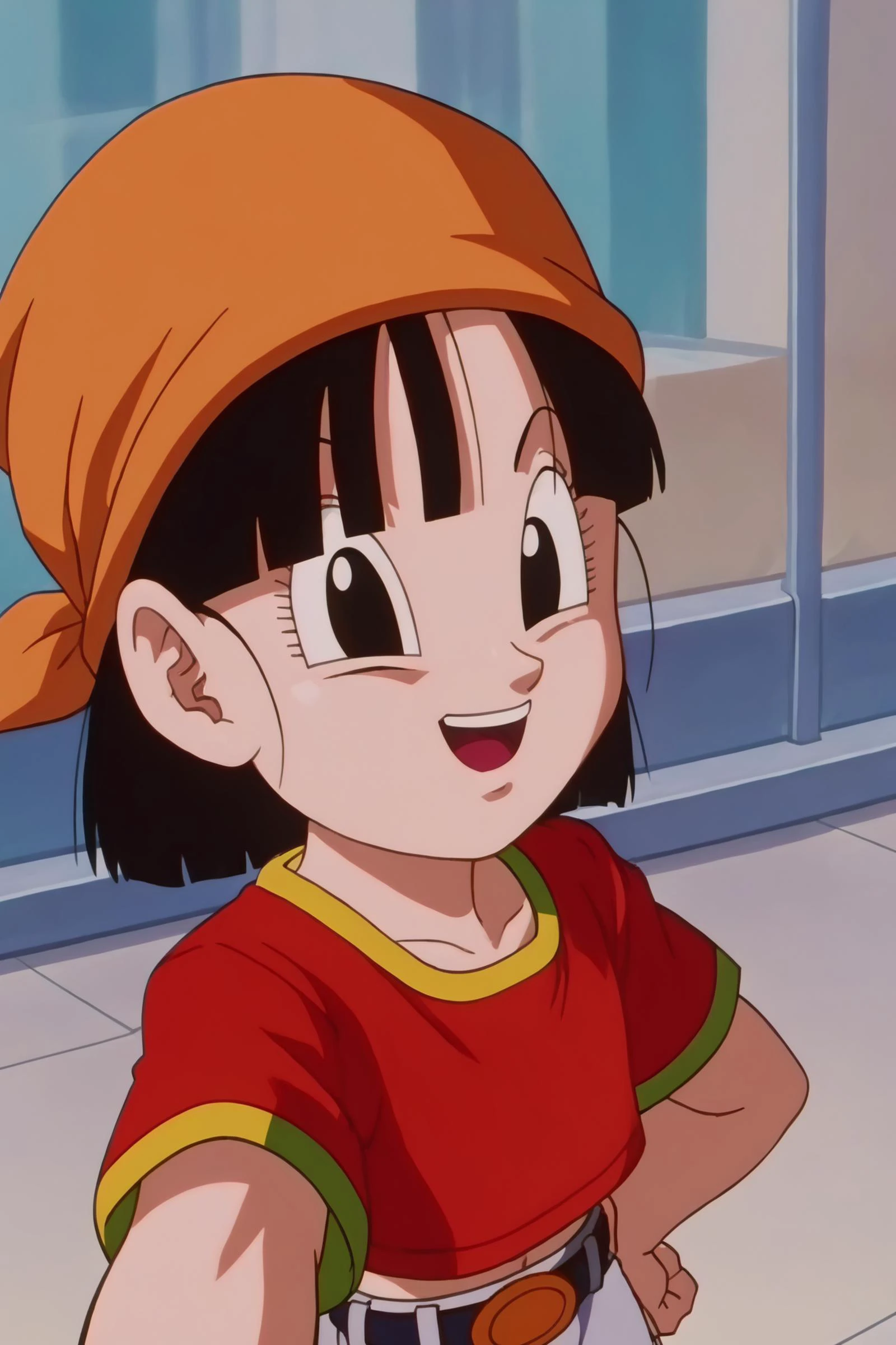 source_anime, score_9, score_8_up, score_7_up, anime screencap,8k, absurd res,
pan \(dragon ball\), short hair, bangs, black hair, black eyes,
red shirt, gold trim, selfie, from above, cityscape, dappled sunlight, teeth, smile,
<lora:panRemake_pony_v1:0.8>