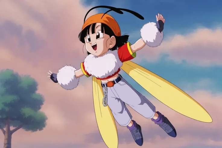 source_anime, score_9, score_8_up, score_7_up, anime screencap,8k, absurd res,
pan \(dragon ball\), bee outfit, 1girl, solo, smile, short hair, open mouth, black hair, black gloves, navel, outdoors, wings, sky, gold trim, short sleeves, day, midriff, belt, fingerless gloves, black eyes, chain, outstretched arms, red shirt, flying, orange bandana, antennae, female , insect wings, bangs, blue footwear, loose socks, midair, purple legwear, sneakers, fur trim, fur collar, floating hair, upper teeth
<lora:panRemake_pony_v1:0.8>
