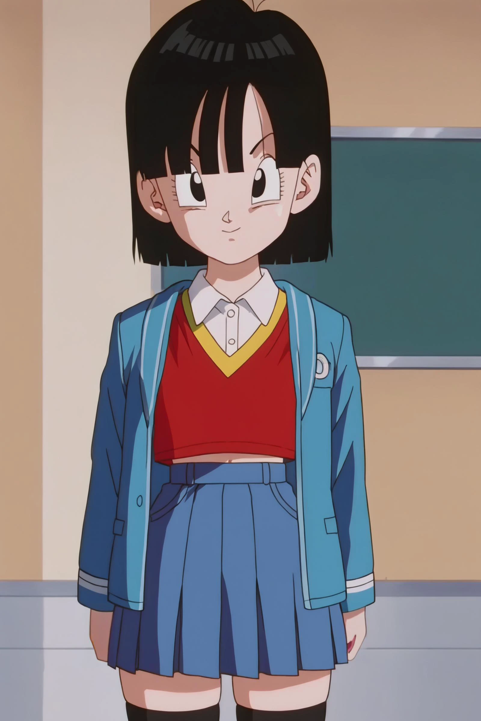 source_anime, score_9, score_8_up, score_7_up, anime screencap,8k, absurd res,
pan \(dragon ball\), short hair, bangs, black hair, black eyes,
((school uniform)), thighhighs, skirt, cowboy shot, open jacket, collared shirt,
<lora:panRemake_pony_v1:0.7>