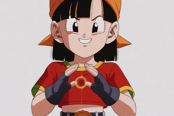 source_anime, score_9, score_8_up, score_7_up, anime screencap,8k, absurd res,
pan \(dragon ball\), 1girl, solo, looking at viewer, smile, bangs, simple background, black hair, gold trim, white background, short sleeves, black gloves, blunt bangs, fingerless gloves, black eyes, red shirt, orange bandana, female , upper body, hands together elbows apart, energy ball, midriff, v-shaped eyebrows, v-shaped eyes, fingernails, eyelashes
<lora:panRemake_pony_v1:0.8>