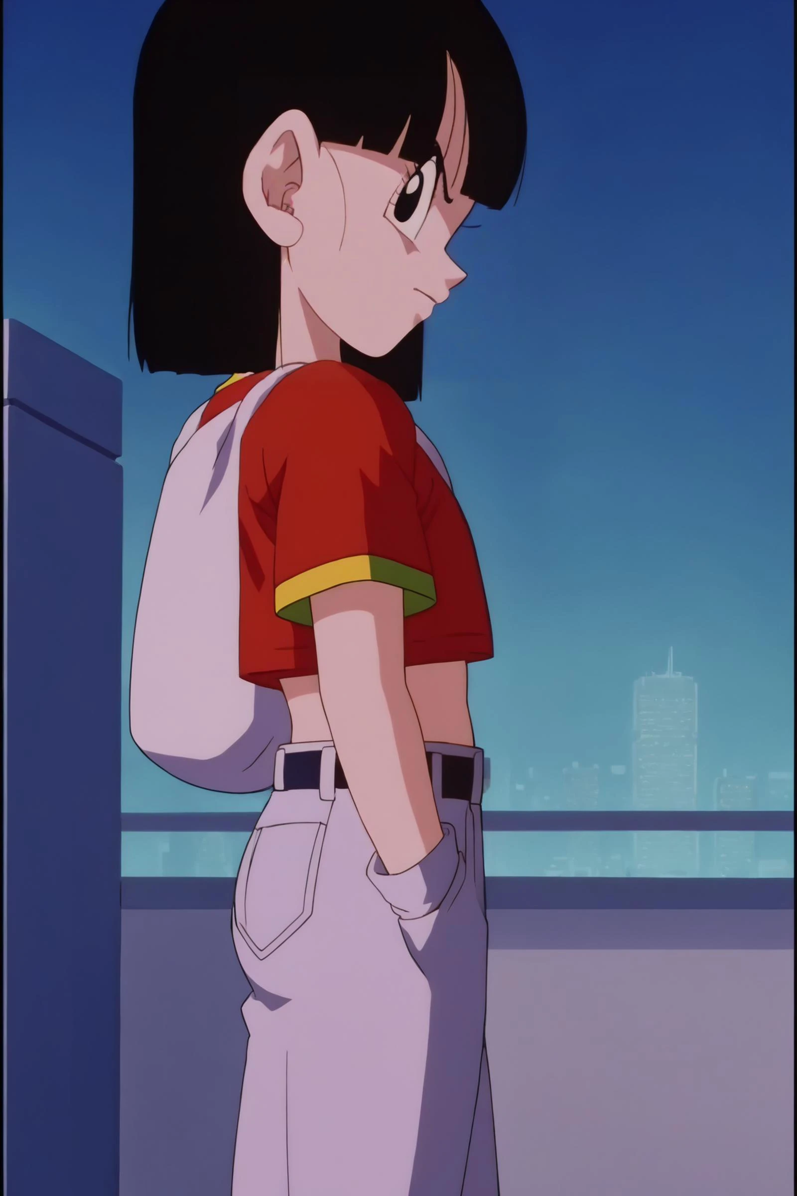 source_anime, score_9, score_8_up, score_7_up, anime screencap,8k, absurd res,
pan \(dragon ball\), 1girl, solo, looking at viewer, short hair, black eyes, black hair, bangs, eyelashes, red shirt, gold trim, from side, against a wall, leaning back, city, skyline, night sky,
<lora:panRemake_pony_v1:0.8>