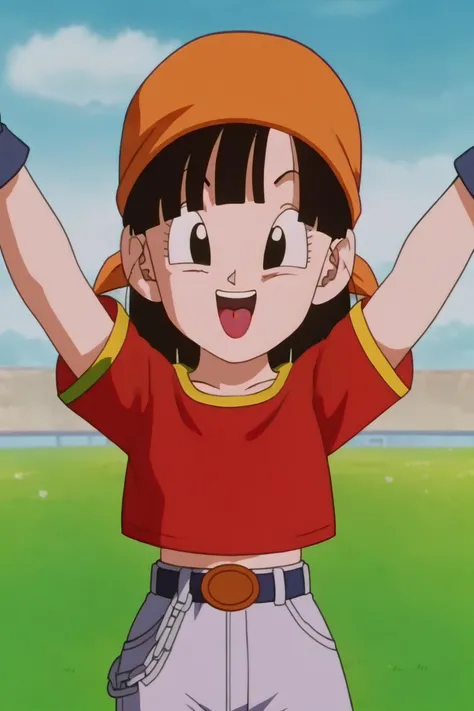 source_anime, score_9, score_8_up, score_7_up, anime screencap,8k, absurd res,
pan \(dragon ball\), 1girl, solo, smile, open mouth, bangs, happy, grass, black hair, field, collarbone, upper body, :d, teeth, blunt bangs, outdoors, black eyes, arm up, eyelashes, upper teeth only, happy, red shirt, gold trim, facing viewer, close-up, bandana, retro artstyle, , 1990s \(style\), orange bandana, tongue, raised eyebrows, arms up, short hair,
<lora:panRemake_pony_v1:0.8>