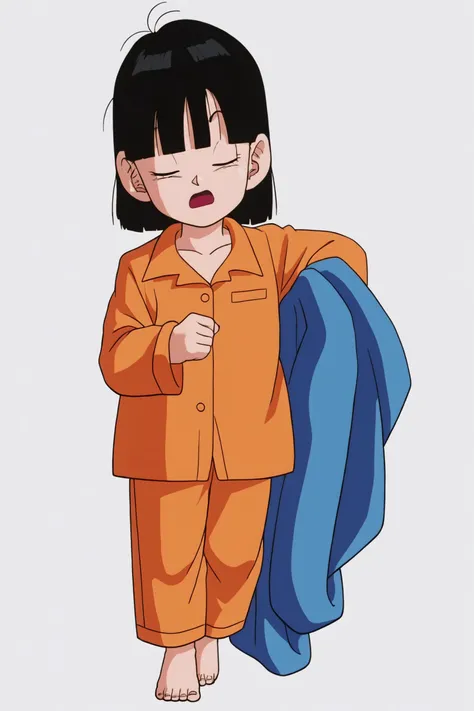source_anime, score_9, score_8_up, score_7_up, anime screencap,8k, absurd res,
pan \(dragon ball\), 1girl, solo, short hair, open mouth, simple background, black hair, white background, standing, full body, closed eyes, barefoot, child, orange pajamas, holding blanket, toenails, female child, sleepy, rubbing eyes, bangs
<lora:panRemake_pony_v1:0.8>