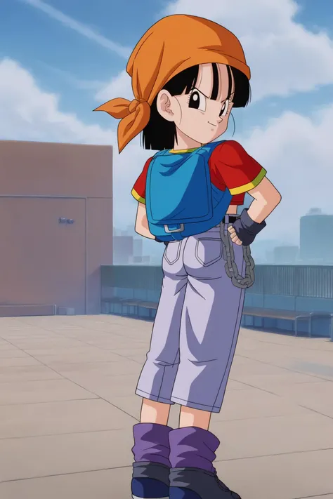 source_anime, score_9, score_8_up, score_7_up, anime screencap,8k, absurd res,
pan \(dragon ball\), 1girl, solo, looking at viewer, smile, short hair, black hair, standing, full body, short sleeves, boots, outdoors, sky, day, black gloves, looking back, gold trim, grey pants, cloud, fingerless gloves, loose socks, blue bag, from behind, black eyes, blue sky, hand on hip, chain, backpack, cloudy sky, denim, building, red shirt, hands on hips, orange bandana, female , blue footwear, clenched hands, belt, bangs, fingernails, purple legwear, v-shaped eyebrows, sneakers
<lora:panRemake_pony_v1:0.8>