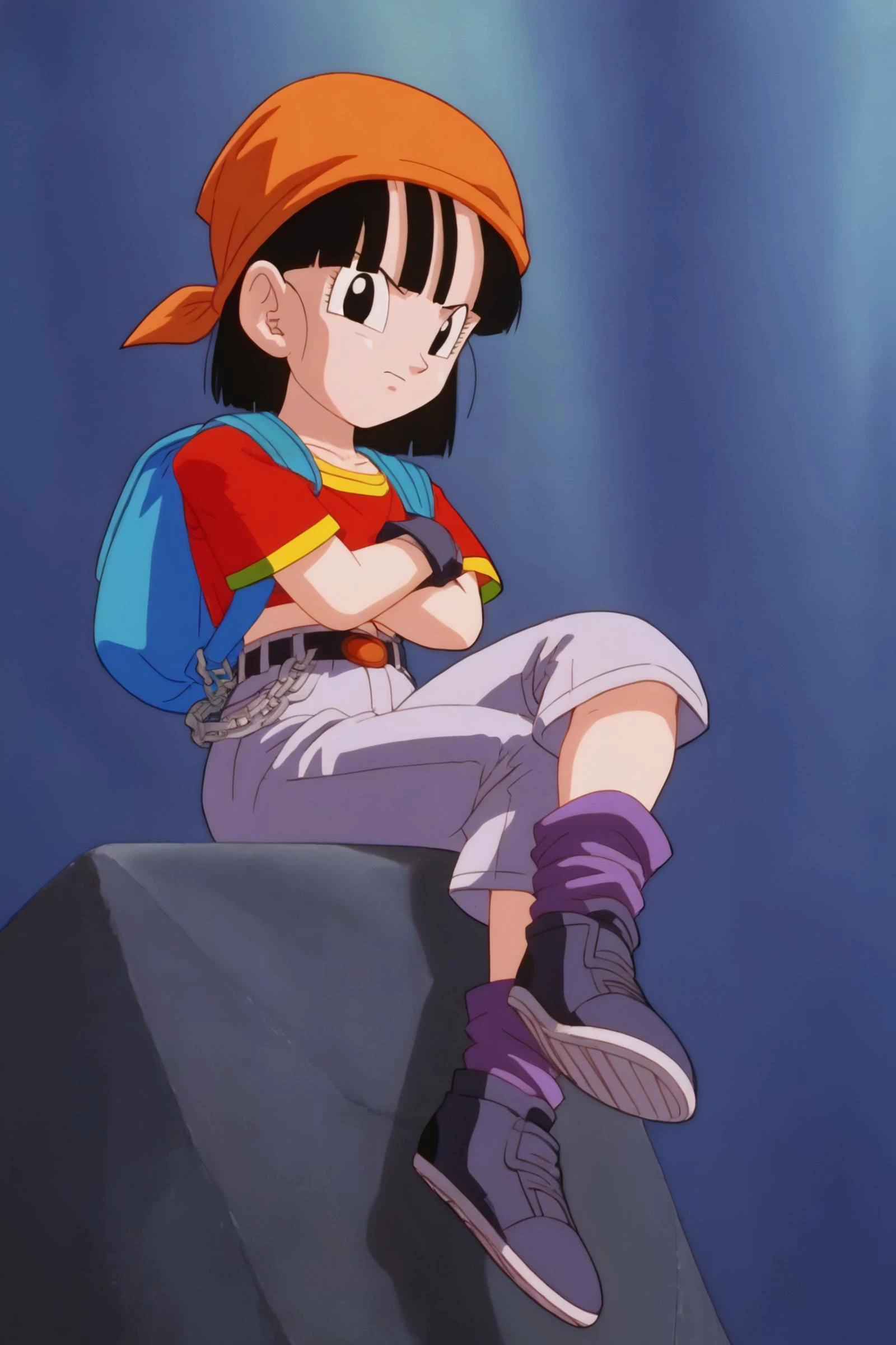 source_anime, score_9, score_8_up, score_7_up, anime screencap,8k, absurd res,
pan \(dragon ball\), 1girl, solo, looking at viewer, short hair, bangs, black hair, sitting, full body, short sleeves, sneakers, black gloves, gold trim, loose socks, belt, blue bag, black footwear, black eyes, chain, crossed arms, crossed legs, backpack, denim, red shirt, orange bandana, retro artstyle, female , grey pants, fanny pack, purple legwear, shoe soles, v-shaped eyebrows, from below, rock, midriff, collarbone, 1990s \(style\)
<lora:panRemake_pony_v1:0.8>
