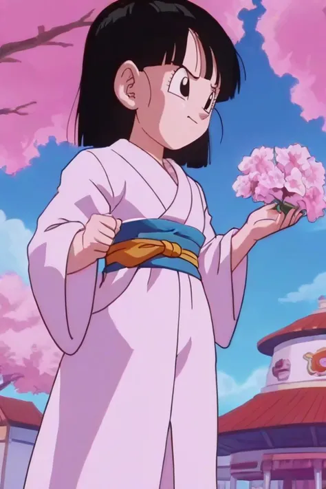 source_anime, score_9, score_8_up, score_7_up, anime screencap,8k, absurd res,
pan \(dragon ball\), short hair, bangs, black hair, black eyes,
dutch angle, white kimono, cherry blossoms, sash, floating hair, from below, looking to the side, blue sky,
<lora:panRemake_pony_v1:0.8>