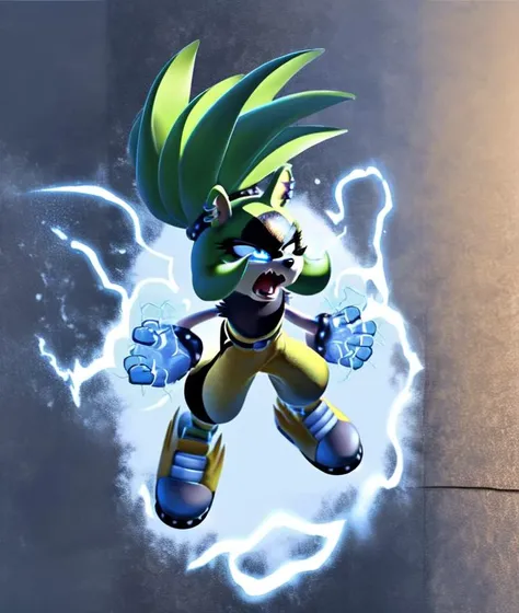 surge the tenrec, female, detailed background, outside, detailed face, blue eyes, sleeveless shirt, yellow pants, gloves, shoes, electrogenesis, electricity, electricity manipulation, angry, narrowed eyes, open mouth, sharp teeth, high-angle view, looking up <lora:Surge022BB95:1>