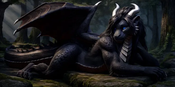 artwork (Highest Quality, 4k, masterpiece, Amazing Details:1.1), female ((full body)), (( (anthro) black panther)), blue eyes, long black hair (realistic long fur, detailed fur texture:1.2), dragon horn, metalic dragon wings, ((photorealistic) (RAW Photo)), blue robe, rest, shy, forest
<lora:MIO-FelineRS:1> <lora:FantasyForest-10:1> <lora:Dragons v1:1>