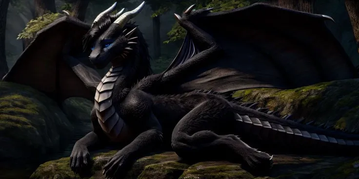 artwork (Highest Quality, 4k, masterpiece, Amazing Details:1.1), female ((full body)), (( (anthro) black panther)), blue eyes, long black hair (realistic long fur, detailed fur texture:1.2), dragon horn, metalic dragon wings, ((photorealistic) (RAW Photo)), blue robe, rest, shy, forest
<lora:MIO-FelineRS:1> <lora:FantasyForest-10:1> <lora:Dragons v1:1>