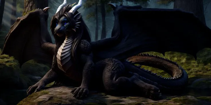 artwork (Highest Quality, 4k, masterpiece, Amazing Details:1.1), female ((full body)), (( (anthro) black panther)), blue eyes, long black hair (realistic long fur, detailed fur texture:1.2), dragon horn, metalic dragon wings, ((photorealistic) (RAW Photo)), blue robe, rest, shy, forest
<lora:MIO-FelineRS:1> <lora:FantasyForest-10:1> <lora:Dragons v1:1>