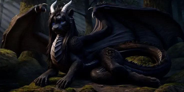 artwork (Highest Quality, 4k, masterpiece, Amazing Details:1.1), female ((full body)), (( (anthro) black panther)), blue eyes, long black hair (realistic long fur, detailed fur texture:1.2), dragon horn, metalic dragon wings, ((photorealistic) (RAW Photo)), blue robe, rest, shy, forest
<lora:MIO-FelineRS:1> <lora:FantasyForest-10:1> <lora:Dragons v1:1>