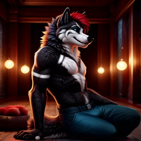 full body, male, wolf, black fur, white markings, red hair, seductive smile, sexy pose, blue eyes, detailed eyes, detailed background, ball room, fluffy fur, feminine, ultra detailed, 8k, fully clothed, depth of field, by anchee, by phenyanyanya, by ketei, by clockhands,